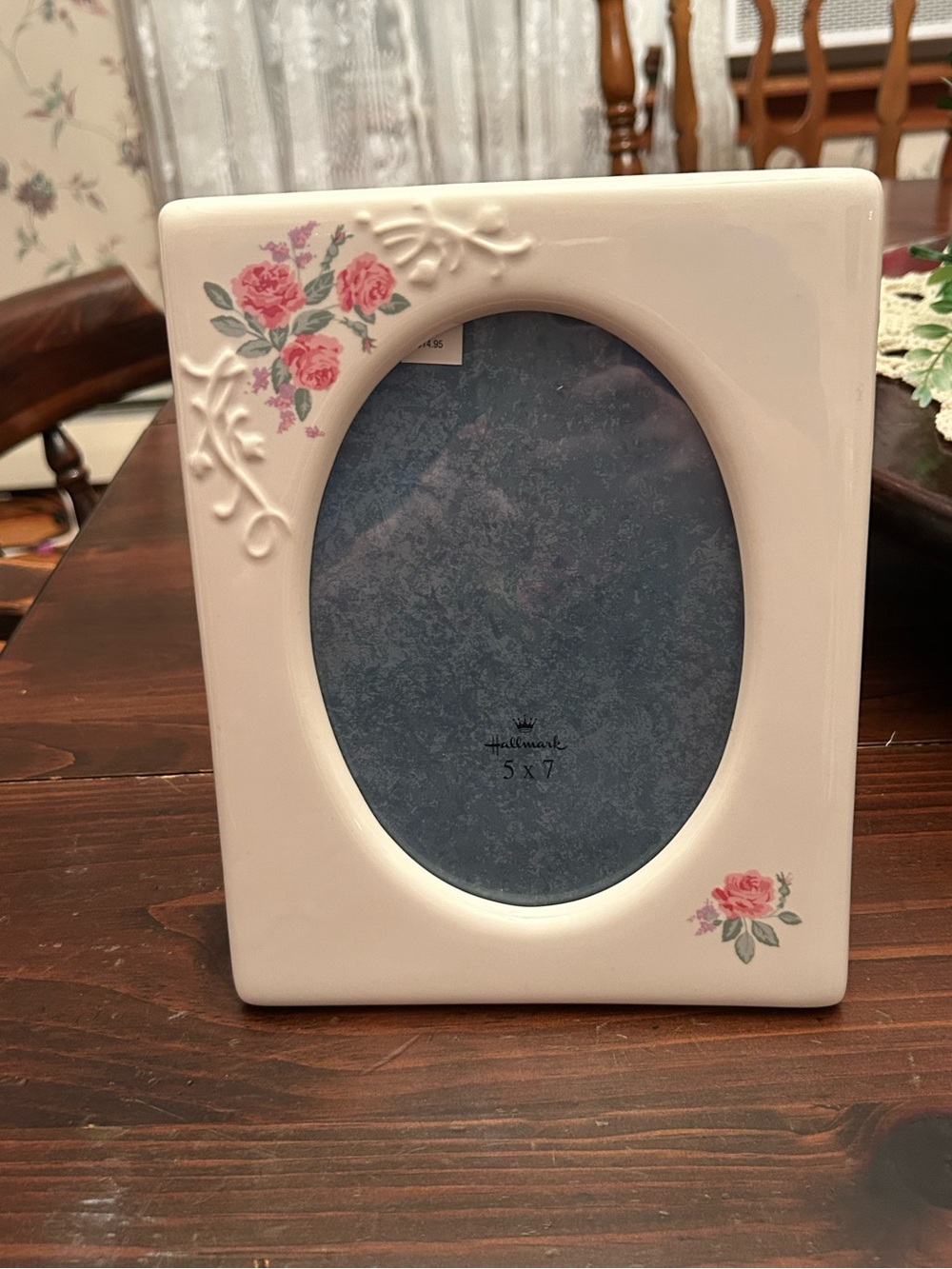 Hallmark white picture frame with  pink rose and purple floral 5x7